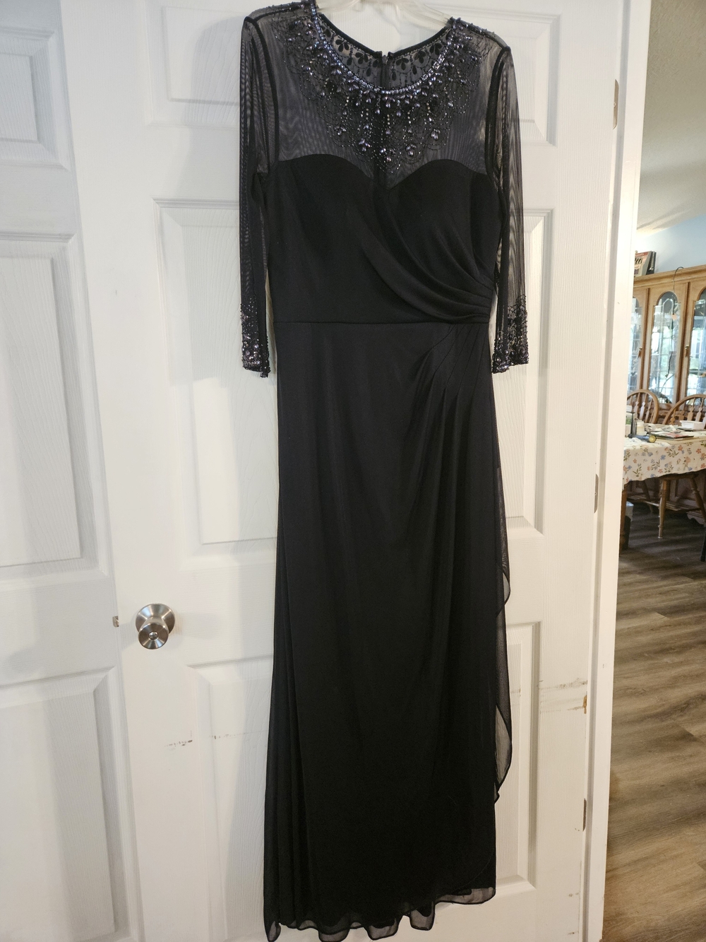 Alex Evenings Black Beaded Long Sleeve Evening Gown